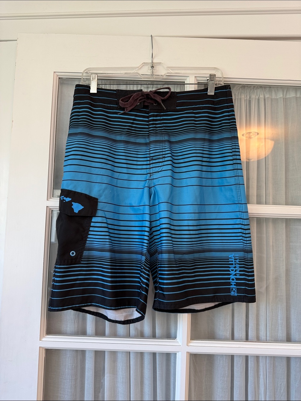Gradient Blue & Black Men's Board Shorts with Cargo Pocket.